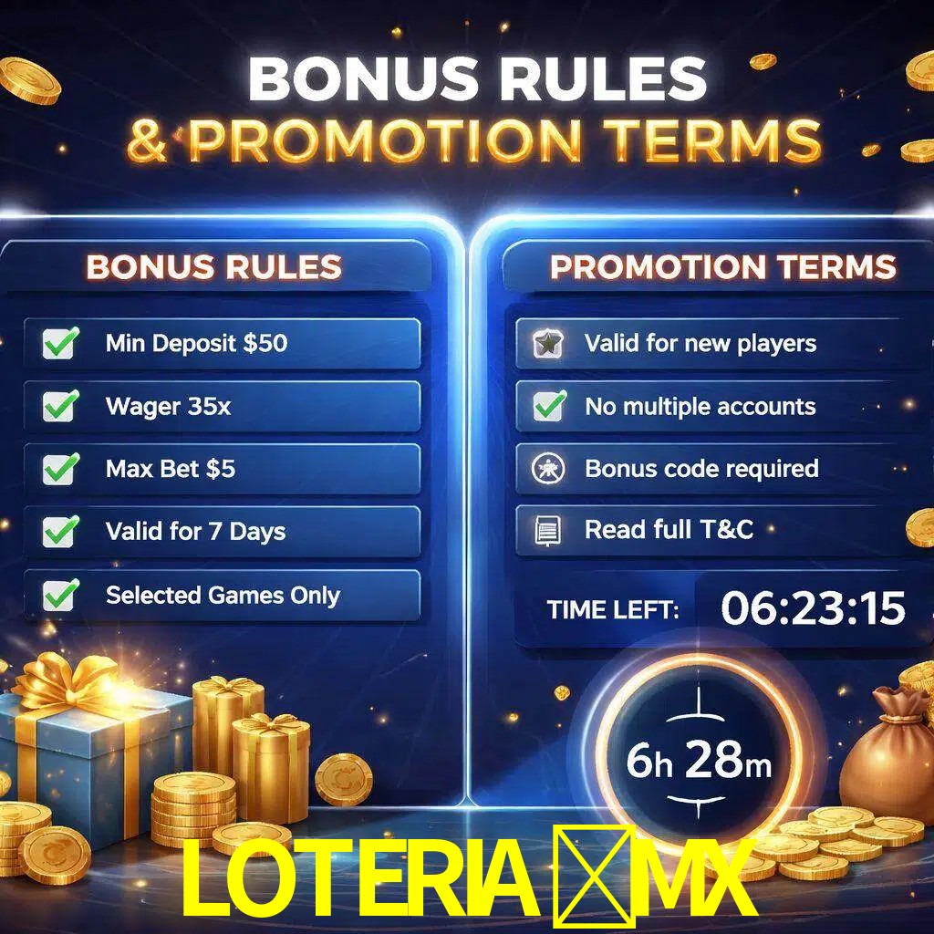 Reglas de promoción LOTERIA-MX y condiciones de bonos explicadas visualmente