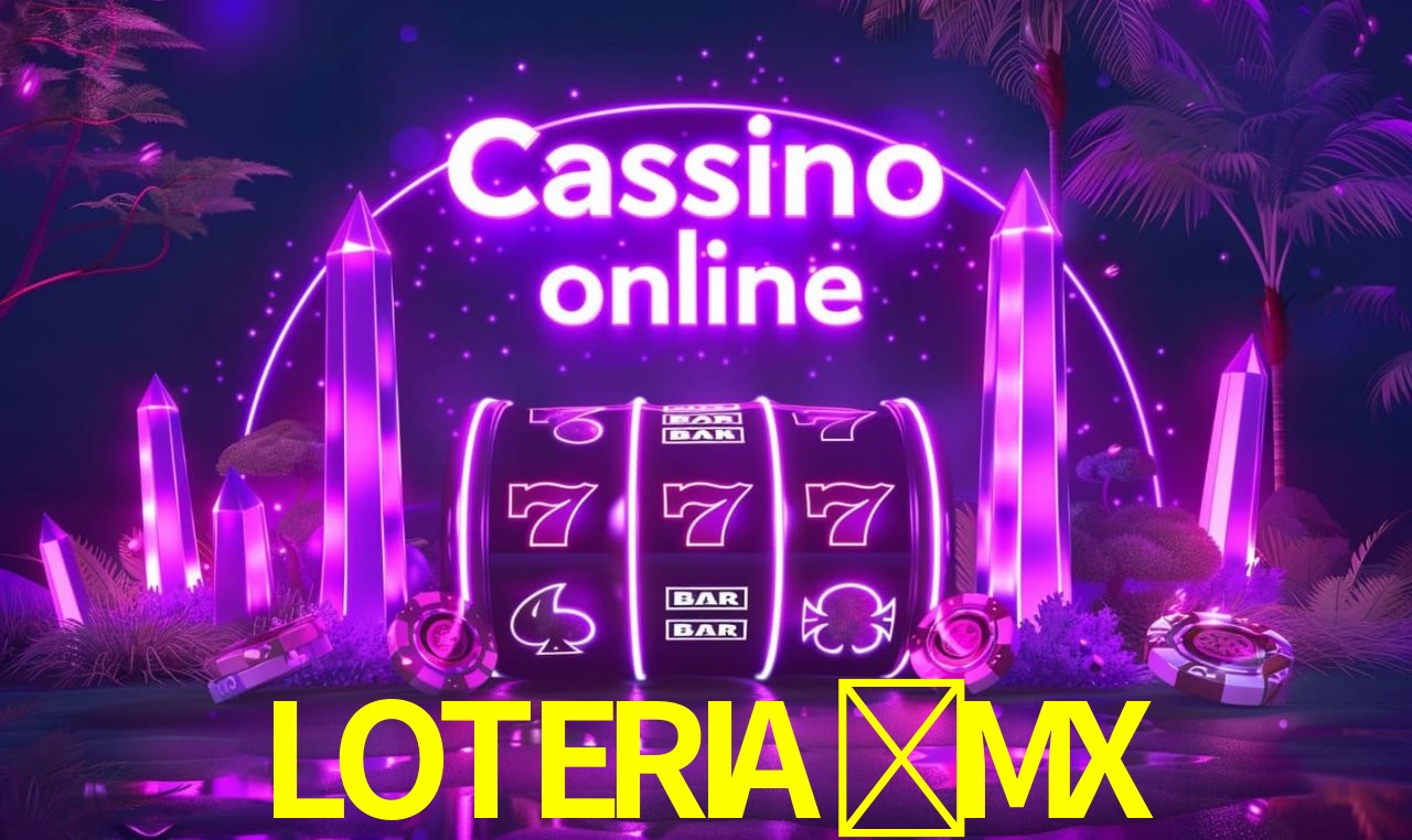 Escena dinámica inspirada en casino con iluminación LOTERIA-MX, cartas, fichas e íconos de juegos digitales en un espacio moderno de juegos.